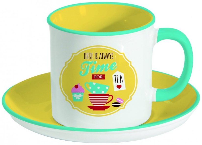 Porcelánový hrnek s podšálkem Retro Break Tea Yellow - Barva: bílá, růžová