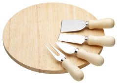 Kulaté dřevěné prkénko na sýr s noži a vidličkou