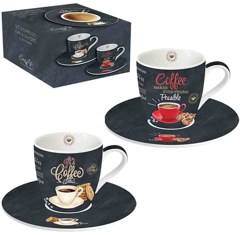 Porcelánové šálky a podšálky na kávu It´s Coffee Time - Barva: černá